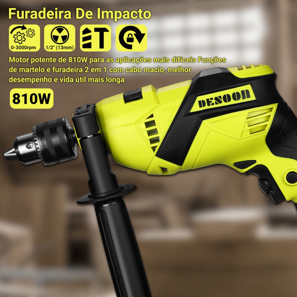 DESOON Furadeira Elétrica Auto Reverso de Impacto Parafusadeira Drill 810W 2900RPM Potente de Mão em Oferta na Shopee