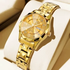 OPK Relógio Feminino Original A prova d água Luminoso Luxo de Aço Inoxidável Dourado 6023