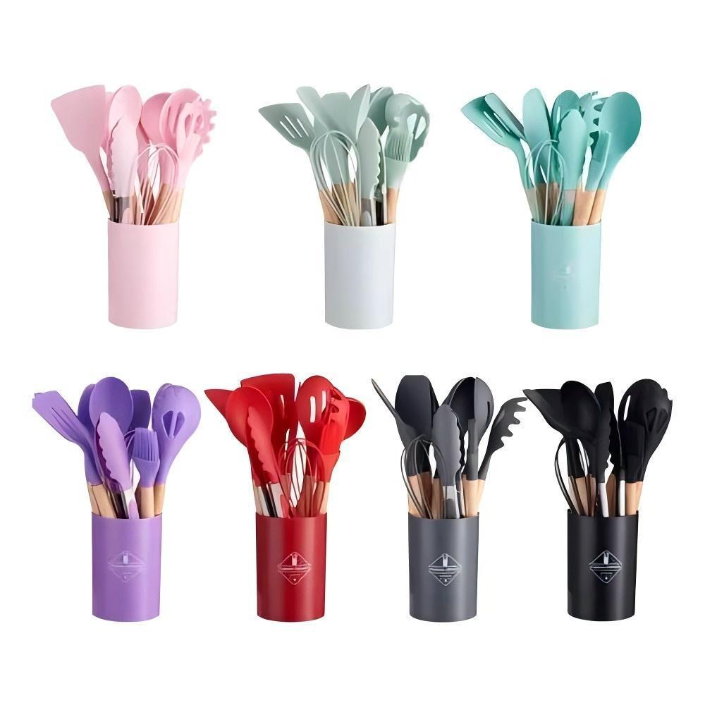 Kit C/12 Peças Utensílios De Cozinha Colheres Espatula Silicone Cabo Madeira Decoração Livre BPA