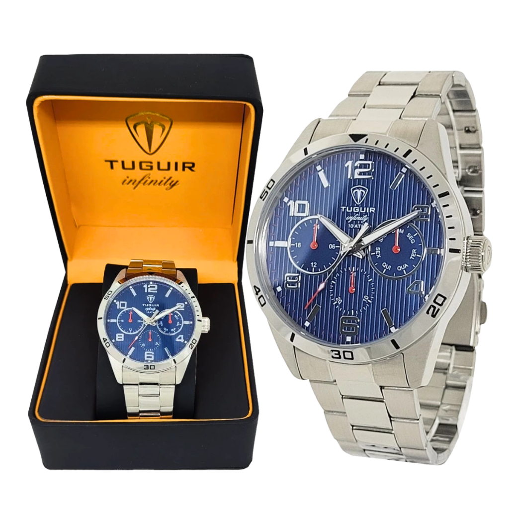 Relógio Masculino Tuguir Infinity TGI37056 de Aço Prata e Azul – Cronômetro, Calendário e Resistência à Água 10ATM
