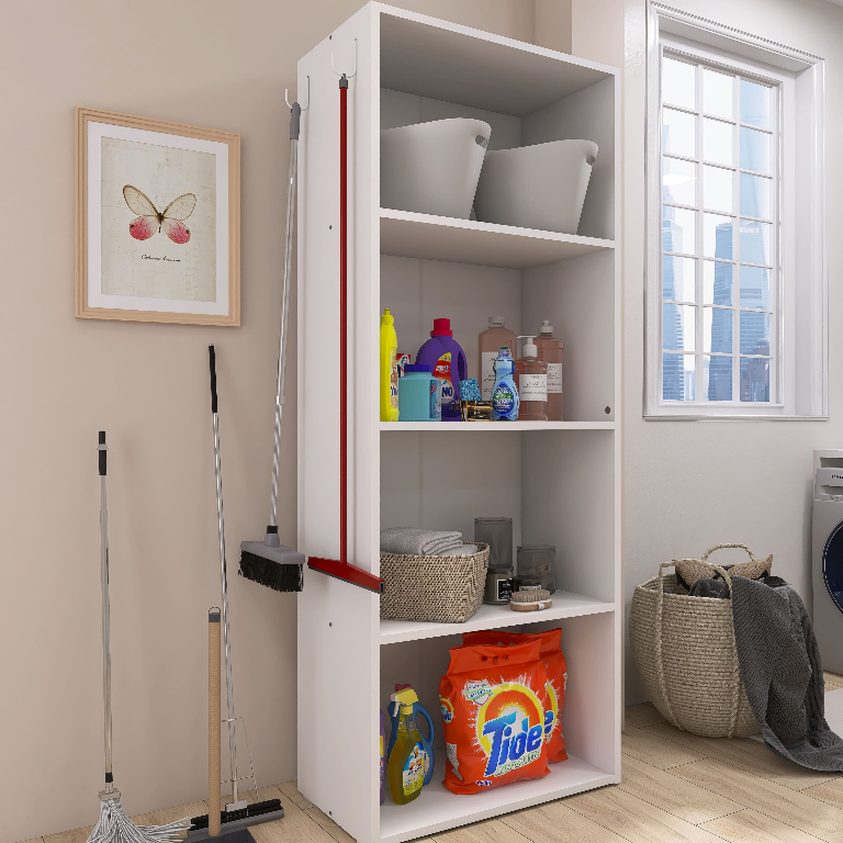 Armário Lavanderia Multiuso Porta Vassoura Nichos 4 Prateleiras Produtos Limpeza Balcão Organizador S/ Portas