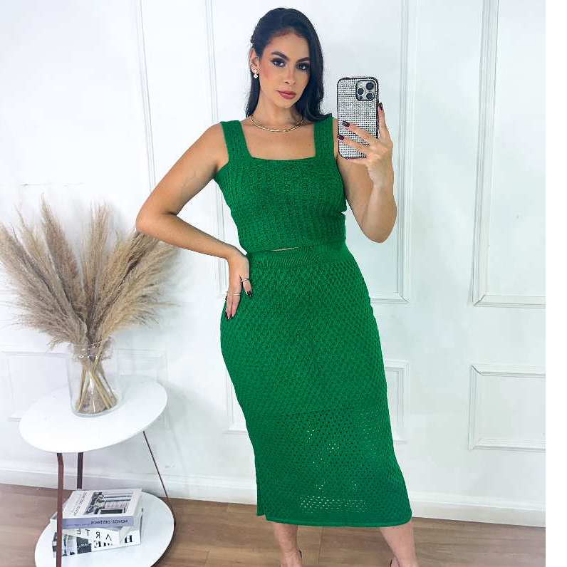 Conjunto Feminino Saia Midi e Cropped Festa Tricô Modal Ponto Crochê Elegante Rendado com Forro