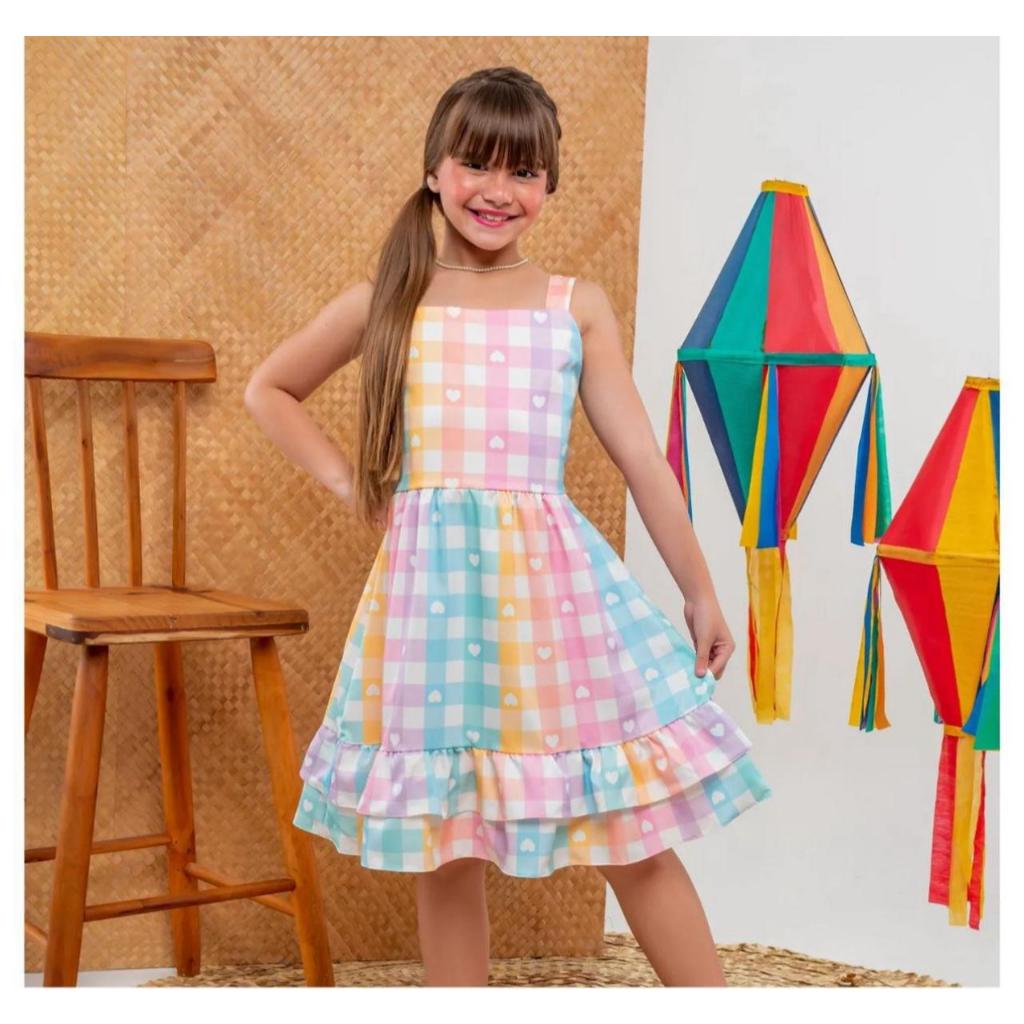 Vestido Infantil Juvenil Festa Junina Xadrez Estampa Arraiá Evento Rodadinho Costa Nua Ajuste Verão
