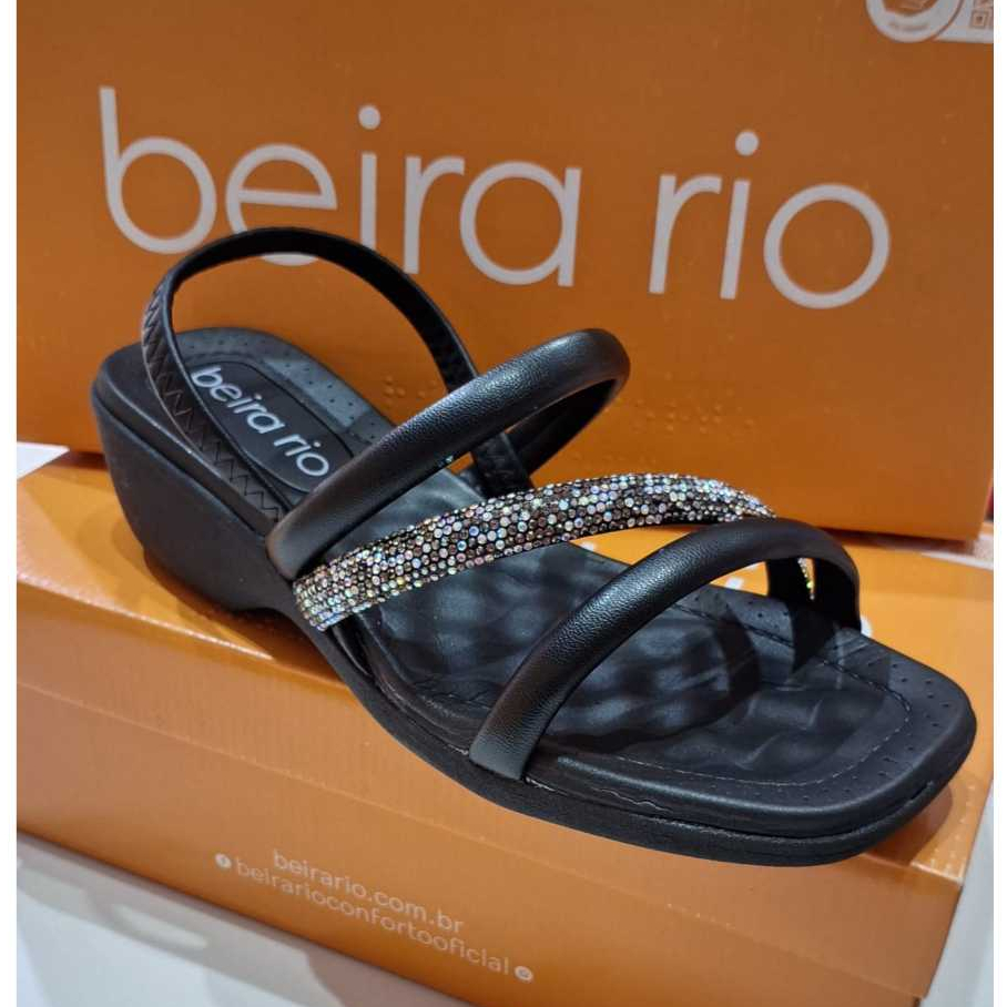 Sandalia Feminina Salto Baixo Anabela Beira Rio Original Elastico Tira Com Brilho Strass Napa