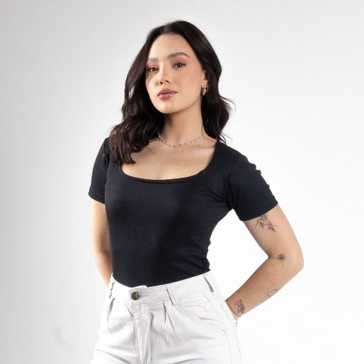 Blusa Feminina Decote Quadrado Ribana Canelada Básica Blusinha Elegante Dia a Dia Manga Curta Social