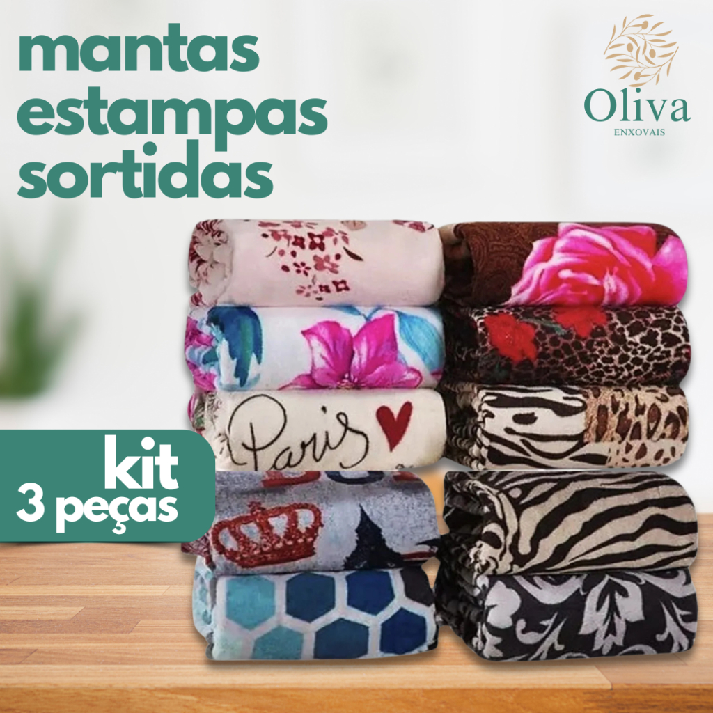 Kit 3 Mantas Casal Estampas Sortidas Microfibra 2,00m x 1,80m Cobertor Mantinha Coberta