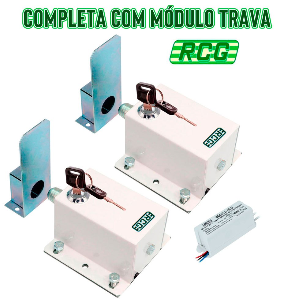2x Trava de Portão Eletromagnética Completa C/ Modulo Trava Basculante Deslizante RCG