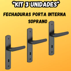 Kit 3 Fechaduras Ipanema Completa | Porta Interna Quarto | Preta | Máquina 40 | Anti Ferrugem | Soprano