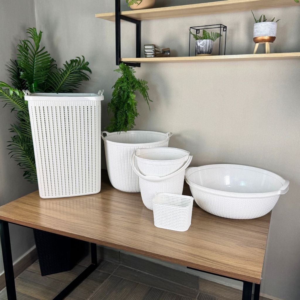 Monte Seu Kit Trama: Cestos, Balde, Bacia e Cesta de Trama Branca - Solução Ideal para Lavanderia CONCPT