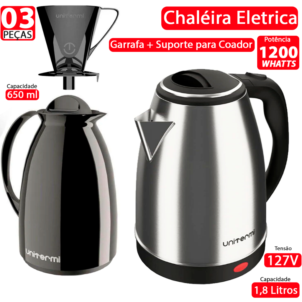 Kit 03 Peças Chaleira Eletrica de Inox Potencia 1200W -127V + Garrafa Florença + Suporte para Coador - chá e Café