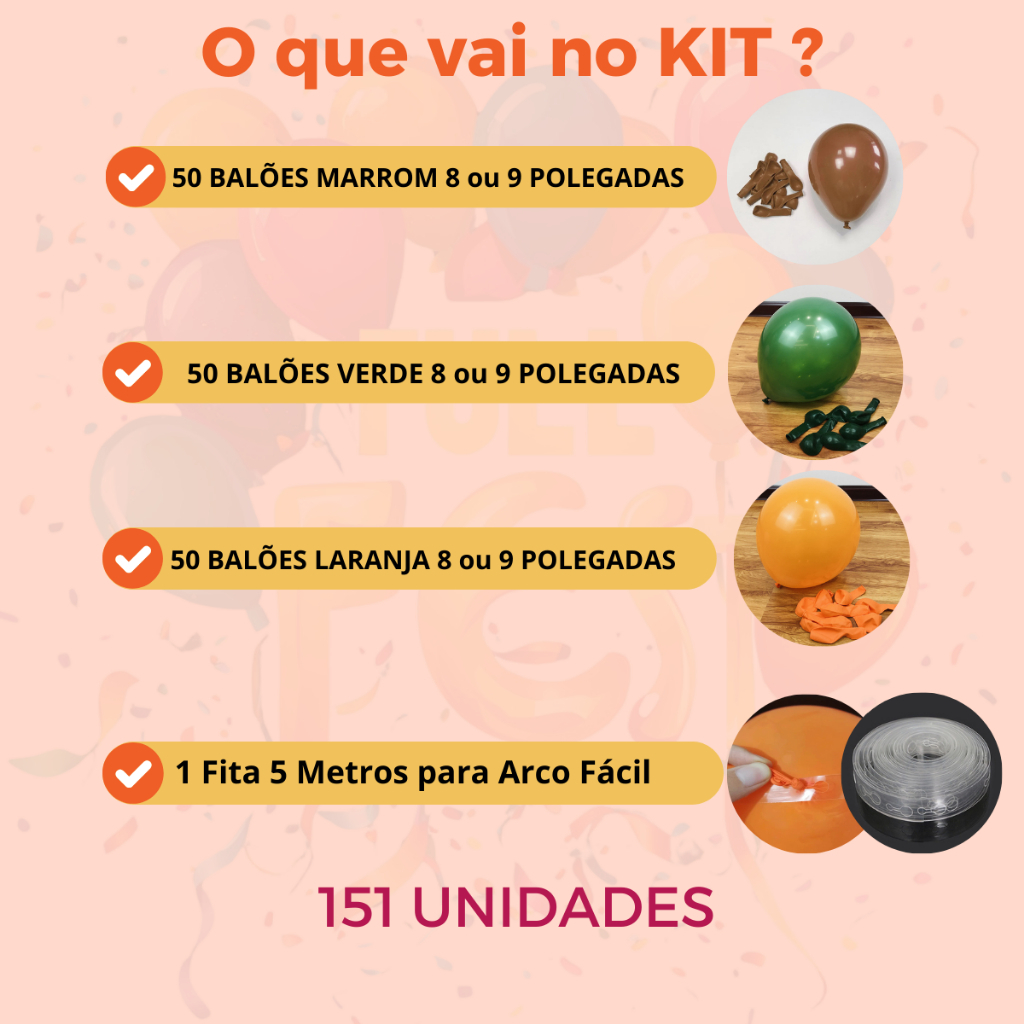 Kit 150 Balões Marrom + Laranja + Verde + Fita Arco Balão Bexiga Liso Safari Festas Aniversário