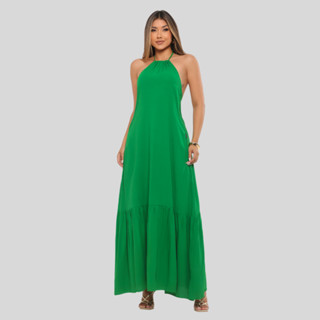 Vestido Longo Luxo Feminino Com Babado Tecido Decote