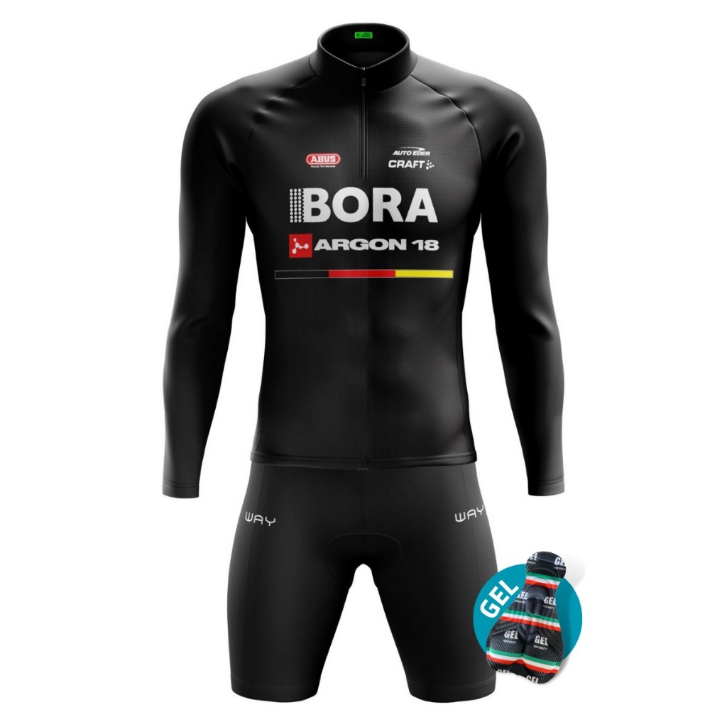 Conjunto Ciclismo de Inverno Masculino Camisa Bora Preta Bermuda Acolchoada Gel