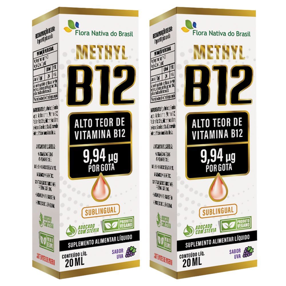 KIT 2X Vitamina B12 Sublingual (Metilcobalamina)  9,94 mcg por gota 20ml - Flora Nativa Sabor:Morango