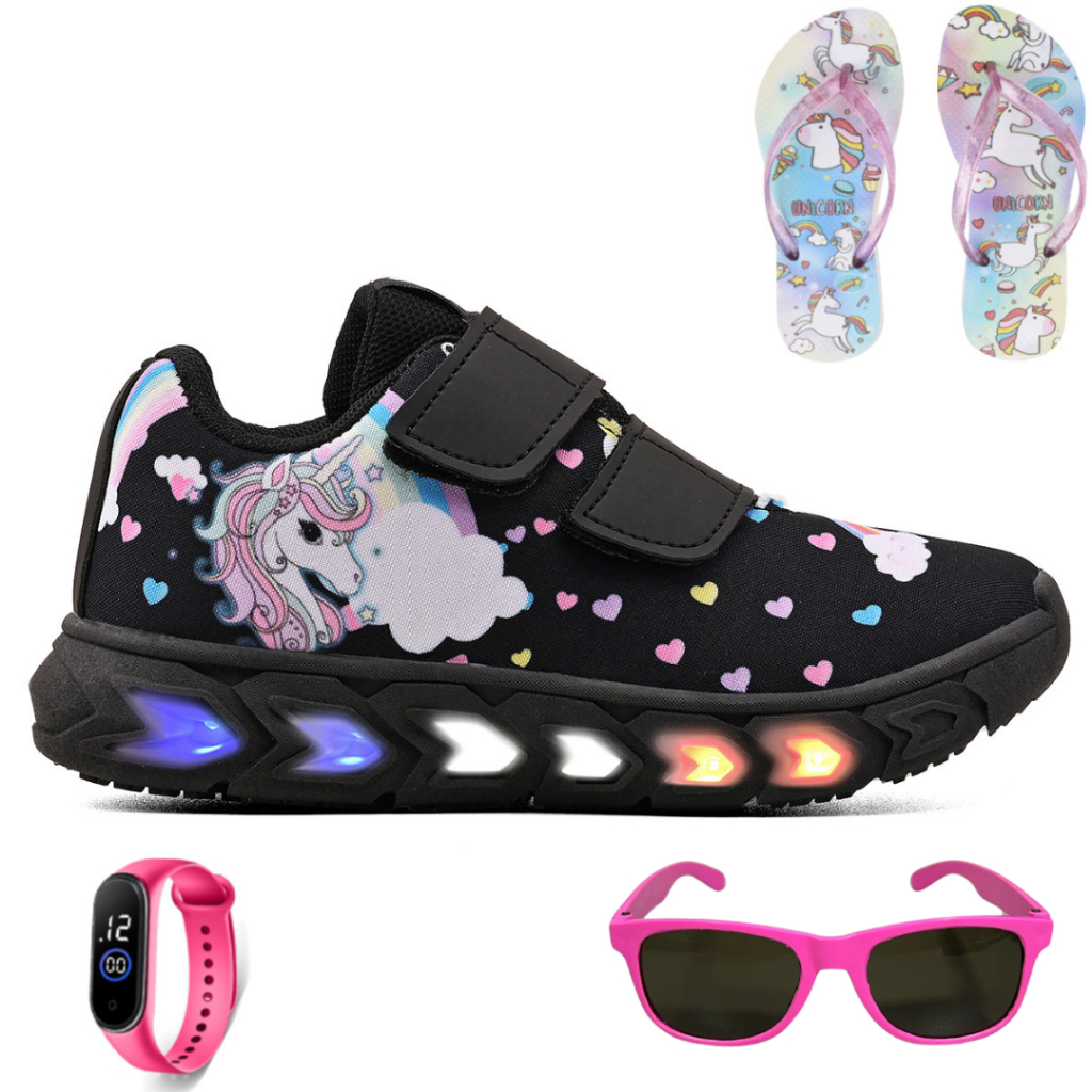 Tenis Infantil De Led Unicornio Meninas Casual + Chinelo + Oculos + Relogio