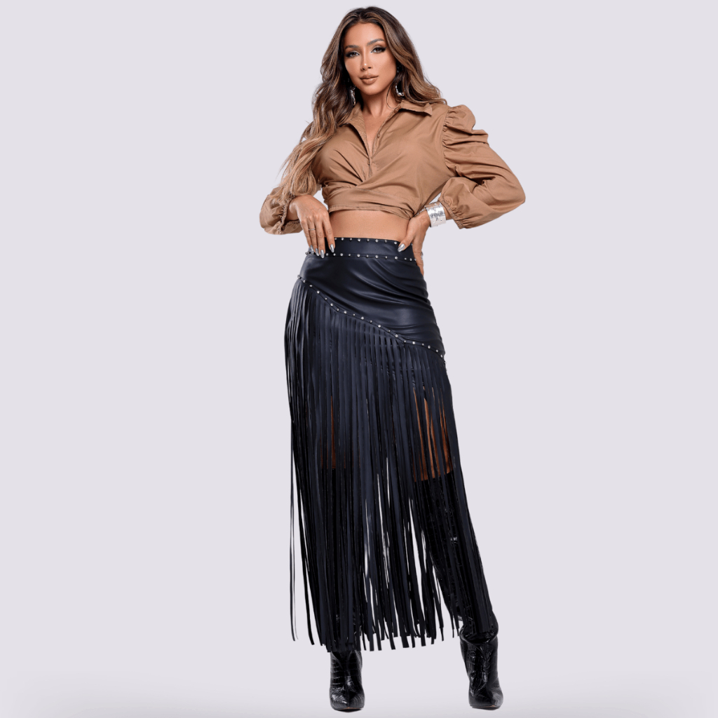 Saia Couro Franjas Pedrarias Nártila em Oferta na Shopee