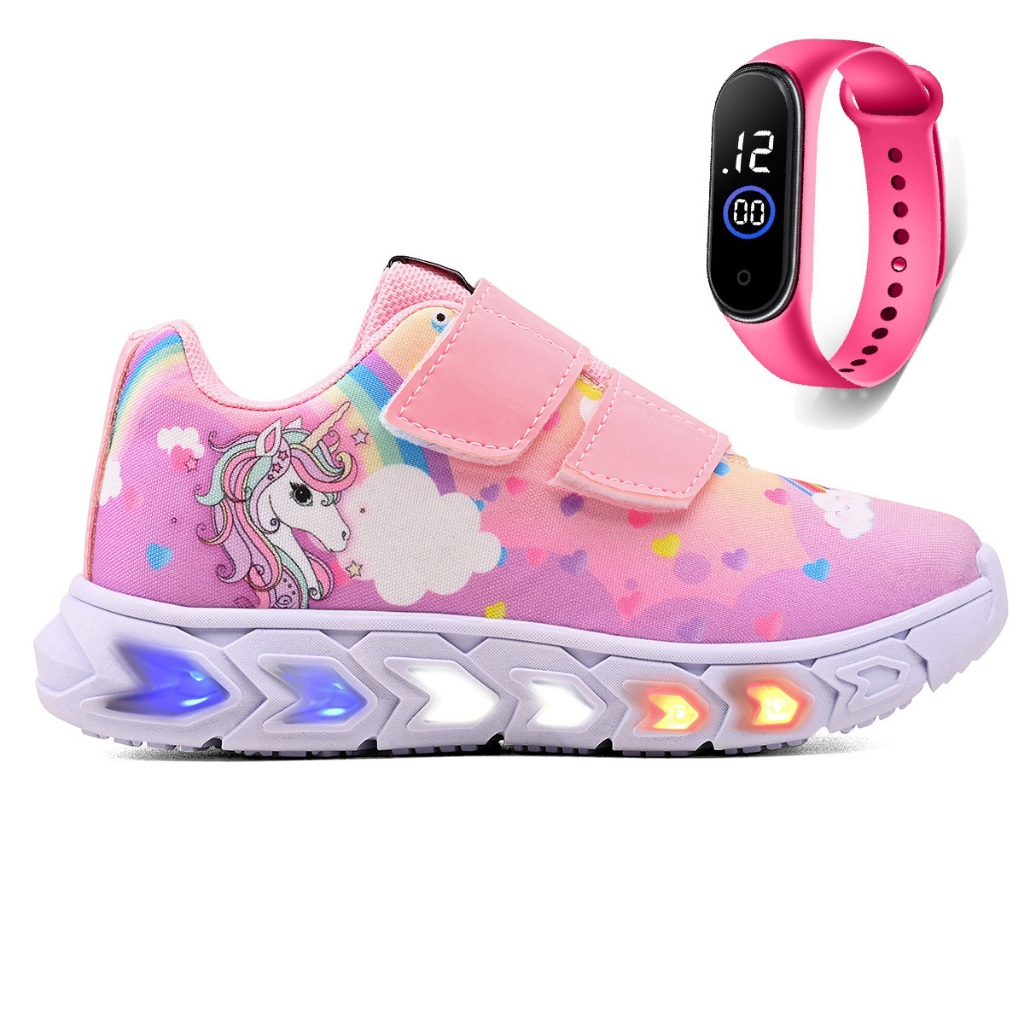 Tenis Infantil De Led Unicornio Meninas Casual + Relogio