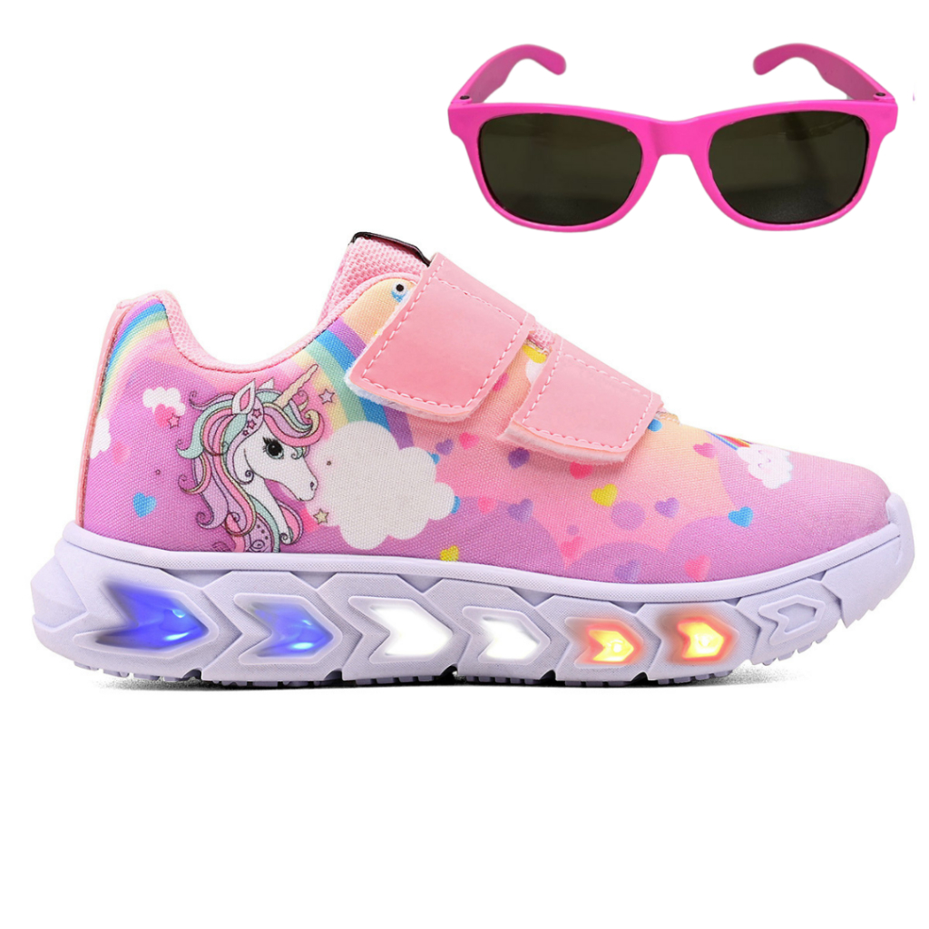 Tenis Infantil De Led Unicornio Meninas Casual + Oculos