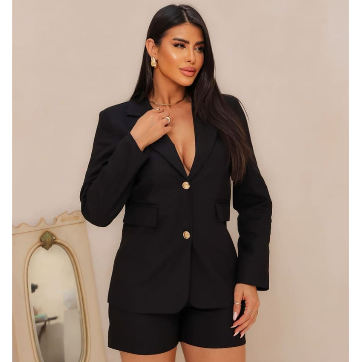 Conjunto Feminino Alfaiataria Short e Blazer Manga Longa Viscolinho Social Acinturado Moda Plus Size