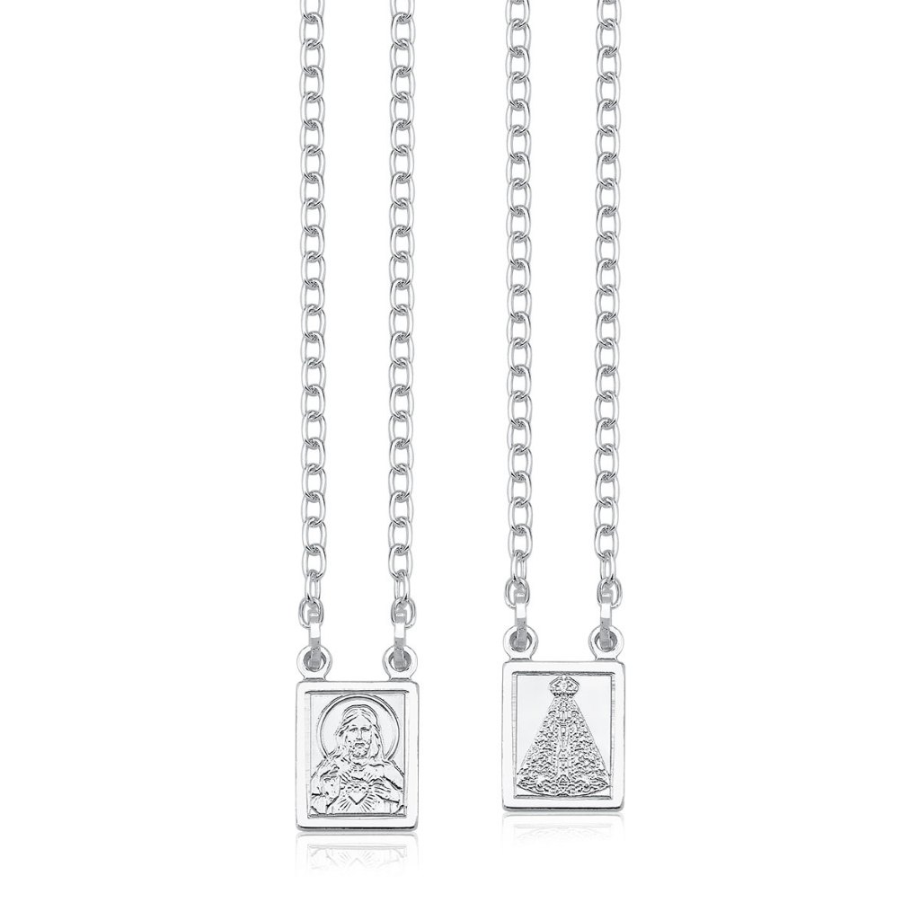 Escapulário Sagrado Coração Jesus e Nossa Senhora Aparecida Prata 925 em Oferta na Shopee