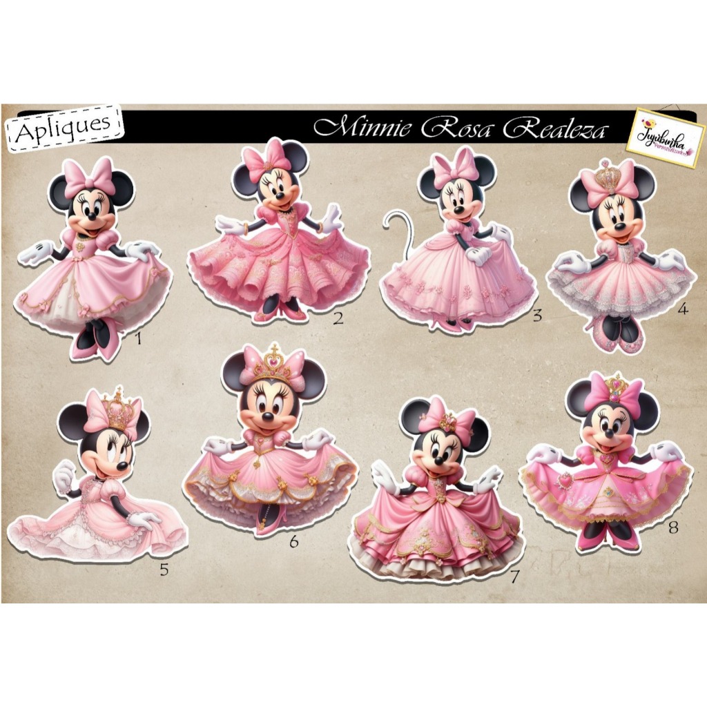 APLIQUES RECORTADOS - MINNIE ROSA REALEZA - TAG, LEMBRANCINHA, TUBETES, DECORAÇÃO, ANIVERSÁRIO, ARTE