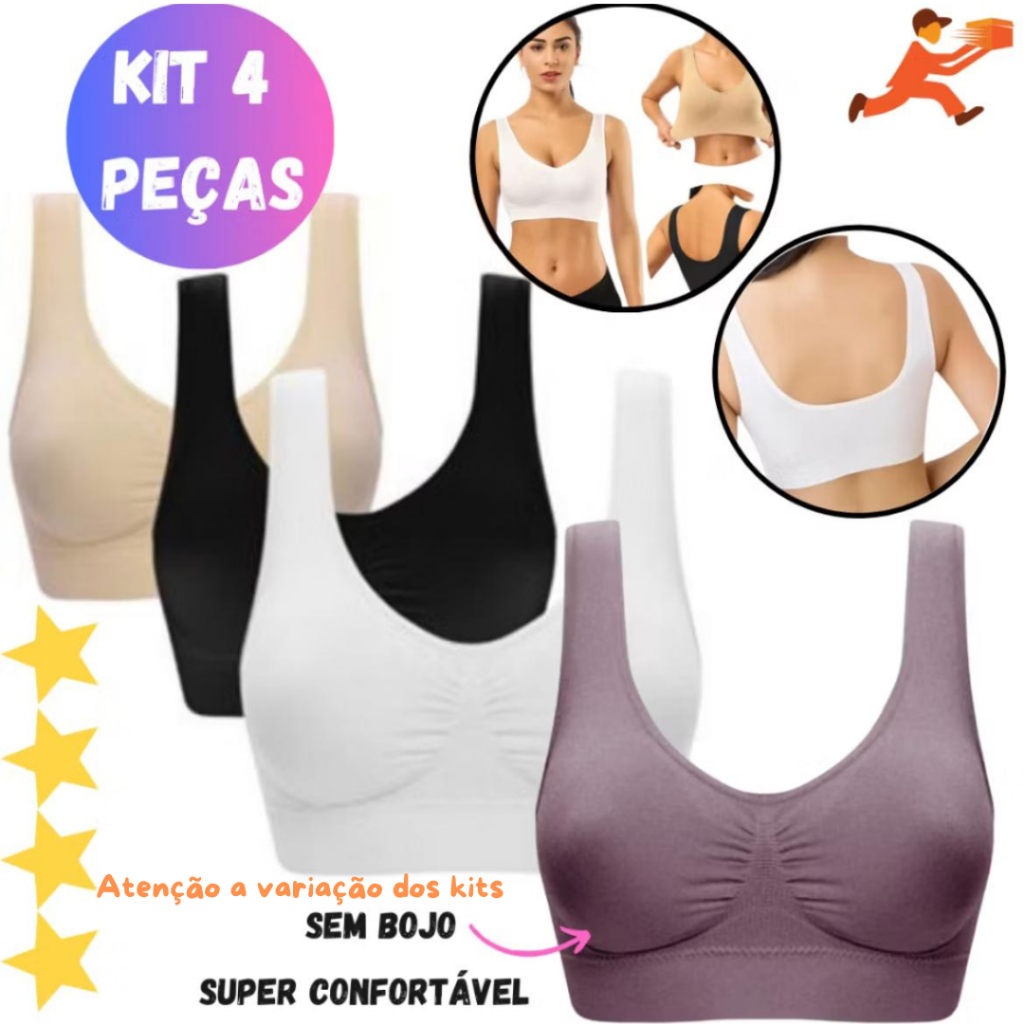 Kit 4 Tops SEM Bojo, Alça Larga, Tecido Macio e Confortável