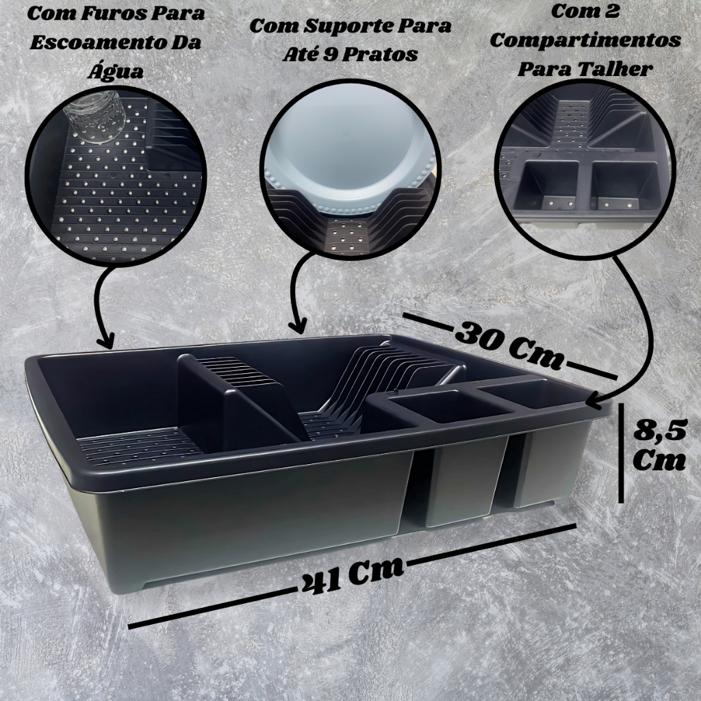 Detalhes do Escorredor de Louça Preto com Porta Talheres e Suporte para Pratos Copos Utensílios