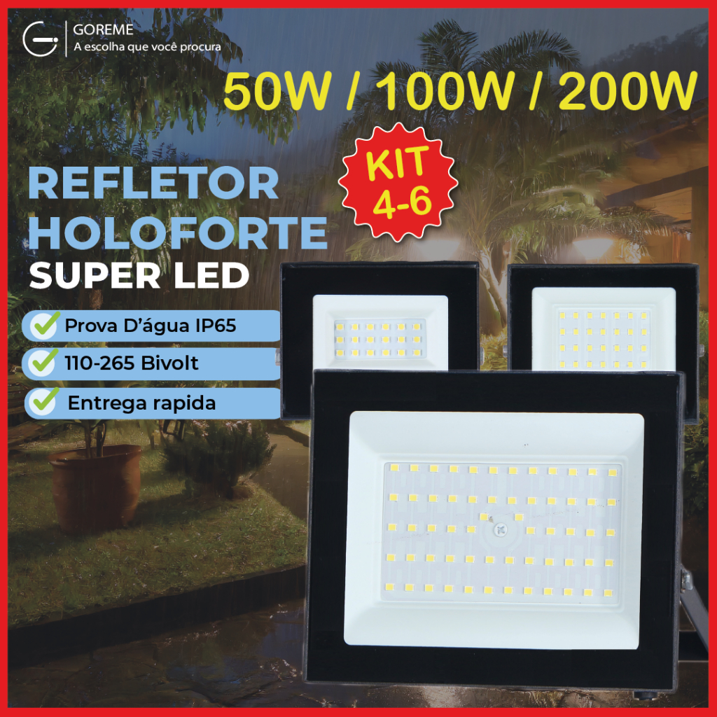 Kit 6 Holofote Refletor Led ECO Pro 200W 100W 50W Luz Fria 6500K IP65 Bivolt Iluminação Externa - Home & Living