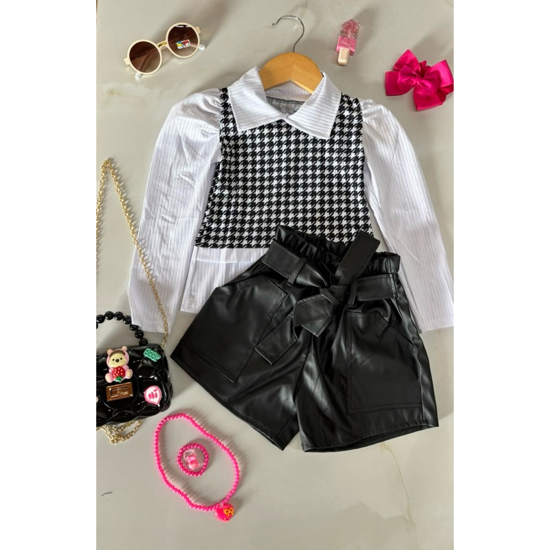 Conjunto 2 ao 10 anos blusa xadrez gola infantil + Short couro fake courino infantil menin...