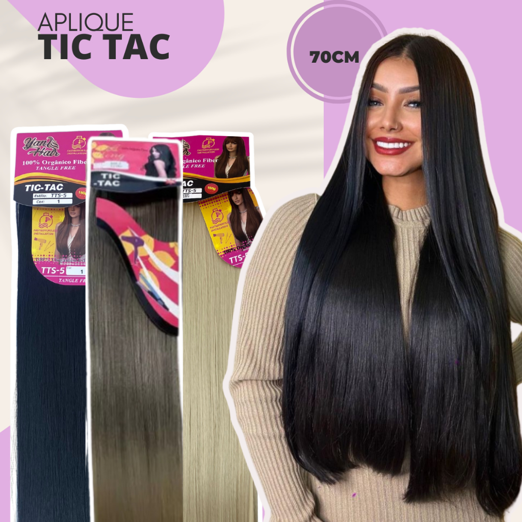 Aplique Tic Tac Liso Cabelo Fibra Orgânica Idêntico Humano 70cm 150 gramas LISO