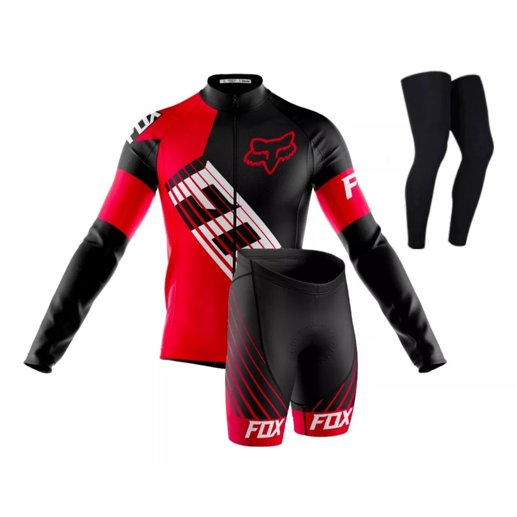 Kit Camisa Bermuda Ciclismo Pernito Forro Gel 3D Manga Longa Fox Vermelho