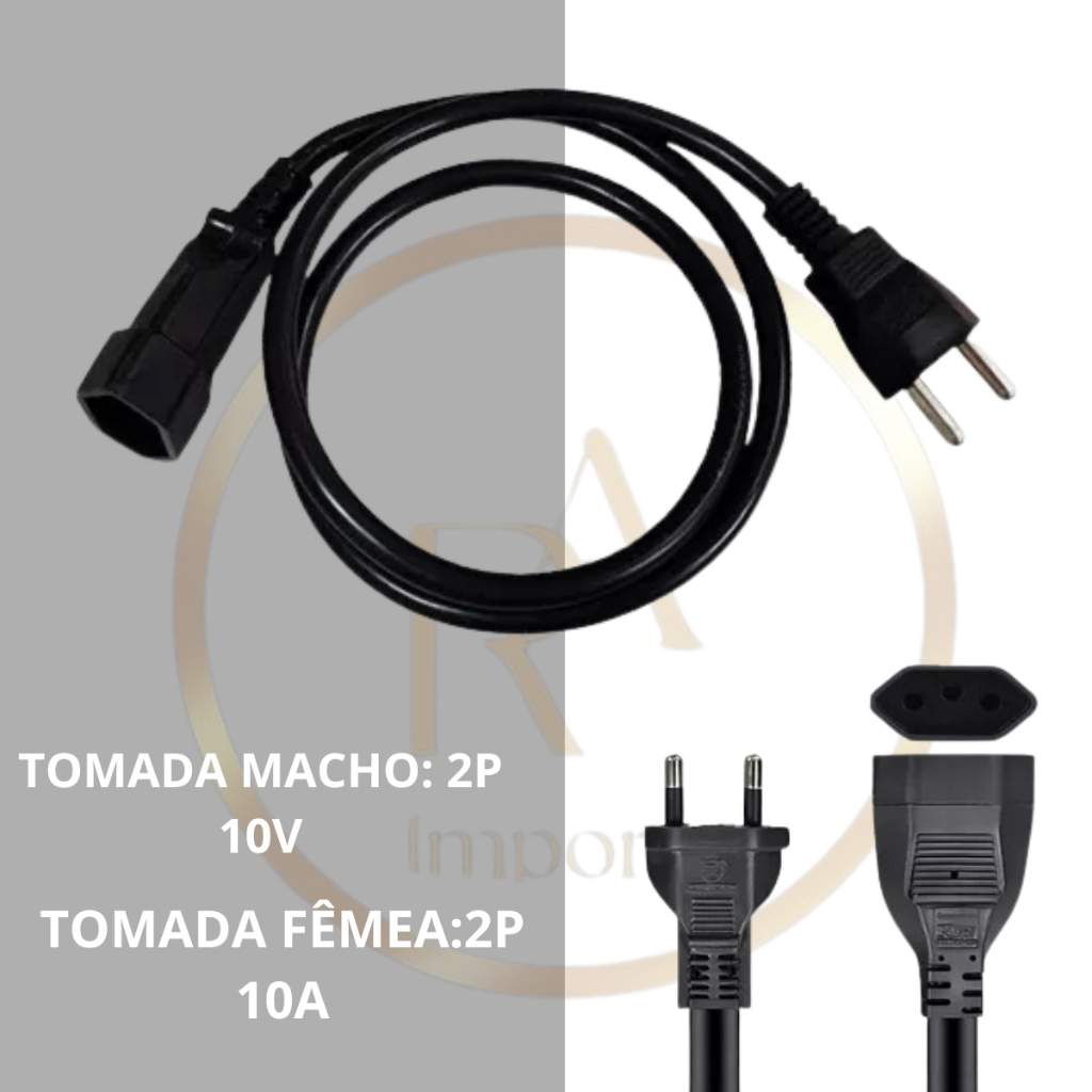 Extensão Alta Voltagem Cabo PP Cordão Prolongador Preto 1,5MT 10a 2 Pinos