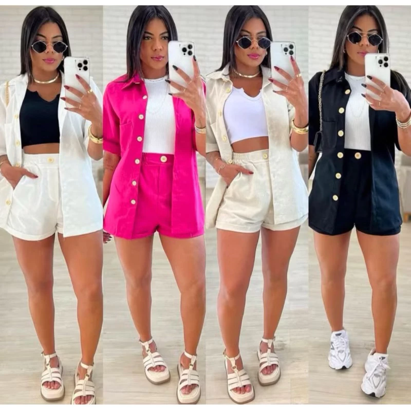 Conjunto Feminino Linho Short e Blazer Manga Curta Botões Moda Verão Casual — imagem 1
