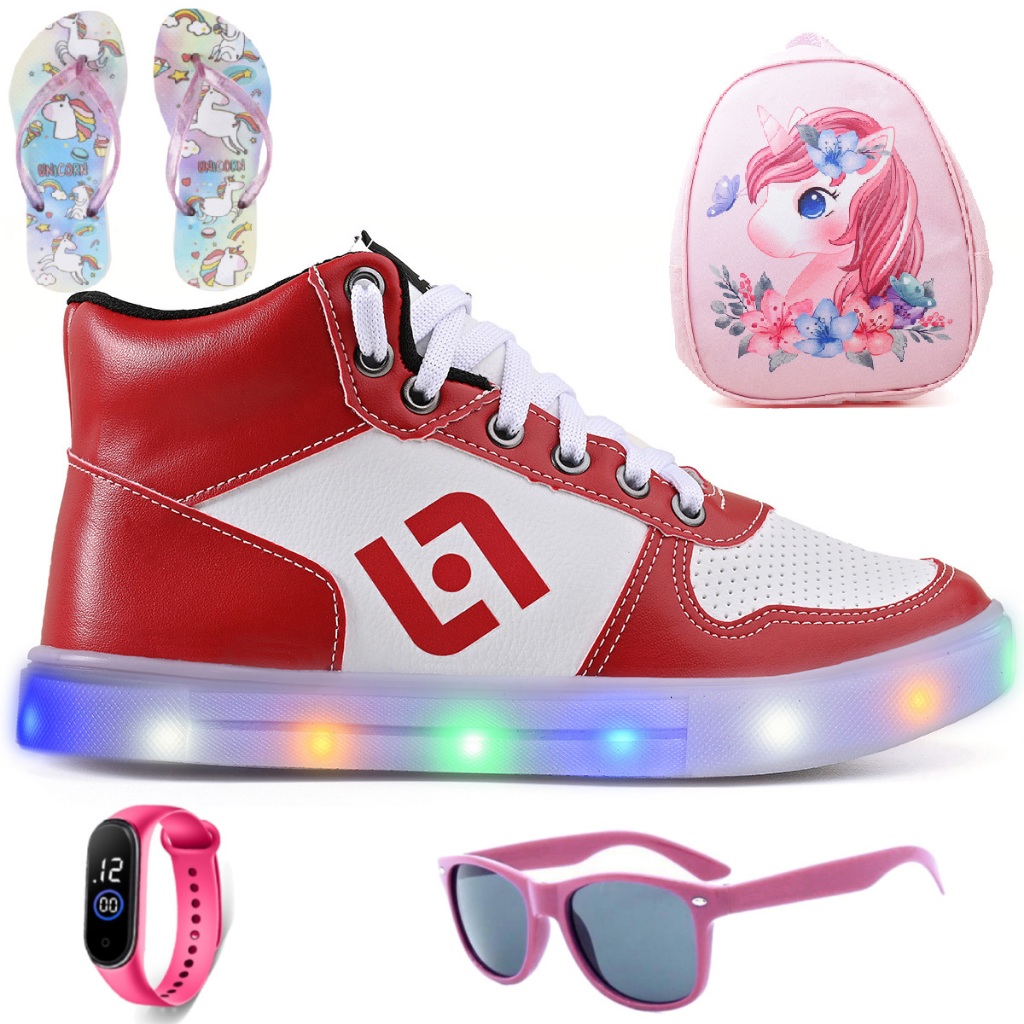 Tenis Infantil De Led Meninas Botinha Escolar Casual Basico + Mochila + Chinelo + Oculos + Relogio