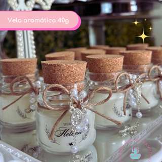 kit 5 lembrancinhas velas perfumadas - tampa de rolha + mini terço em Oferta na Shopee