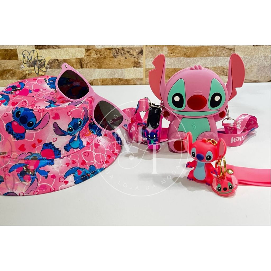 Kit Infantil Stitch Bucket+ Oculos+ Relógio+ Chaveiro 3D+ Bolsa emborrachada Lazer Stitch Criança Sol