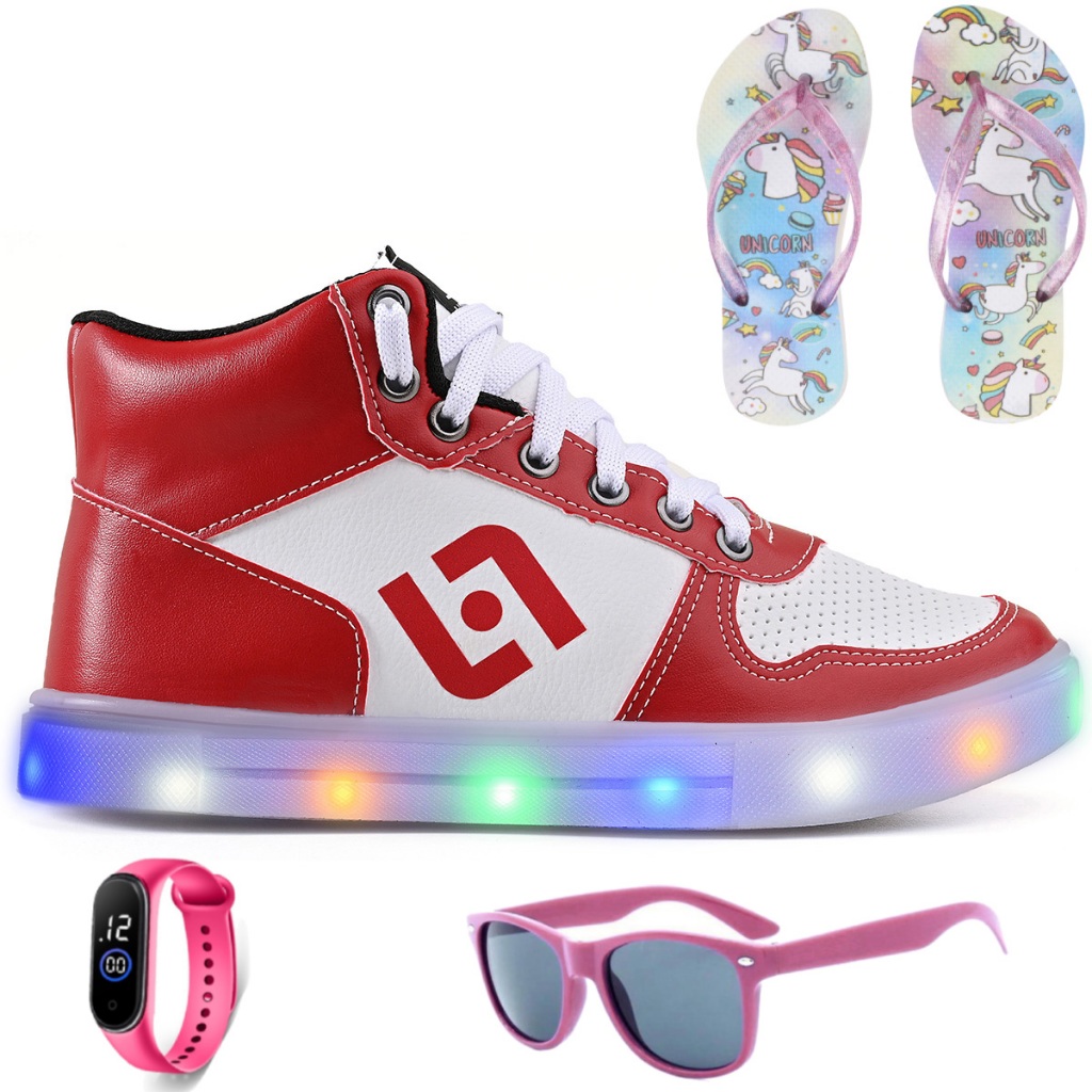 Tenis Infantil De Led Meninas Botinha Escolar Casual Basico +Chinelo + Oculos + Relogio