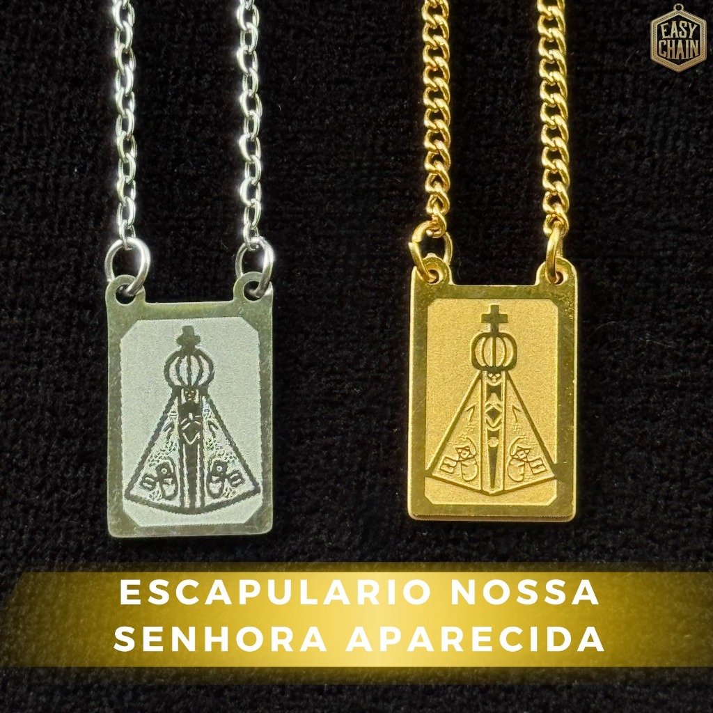 Escapulário Colar Nossa Senhora Aparecida Banhado a Ouro 18k e de Prata Corrente Masculino e Feminino Dourada e Prata