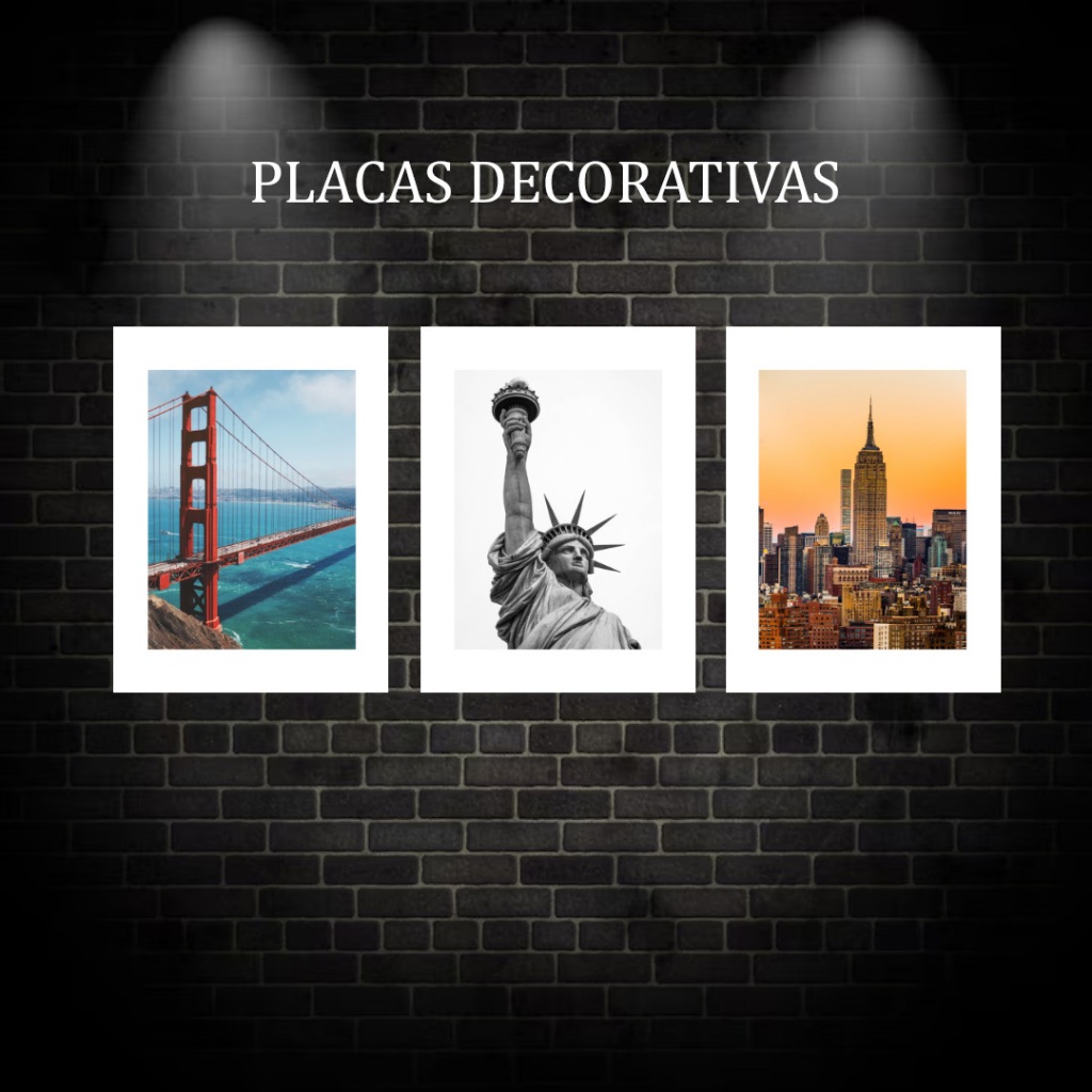 03 Placas Decorativas Estados Unidos California Estatua Liberdade São francisco Presente Amizade