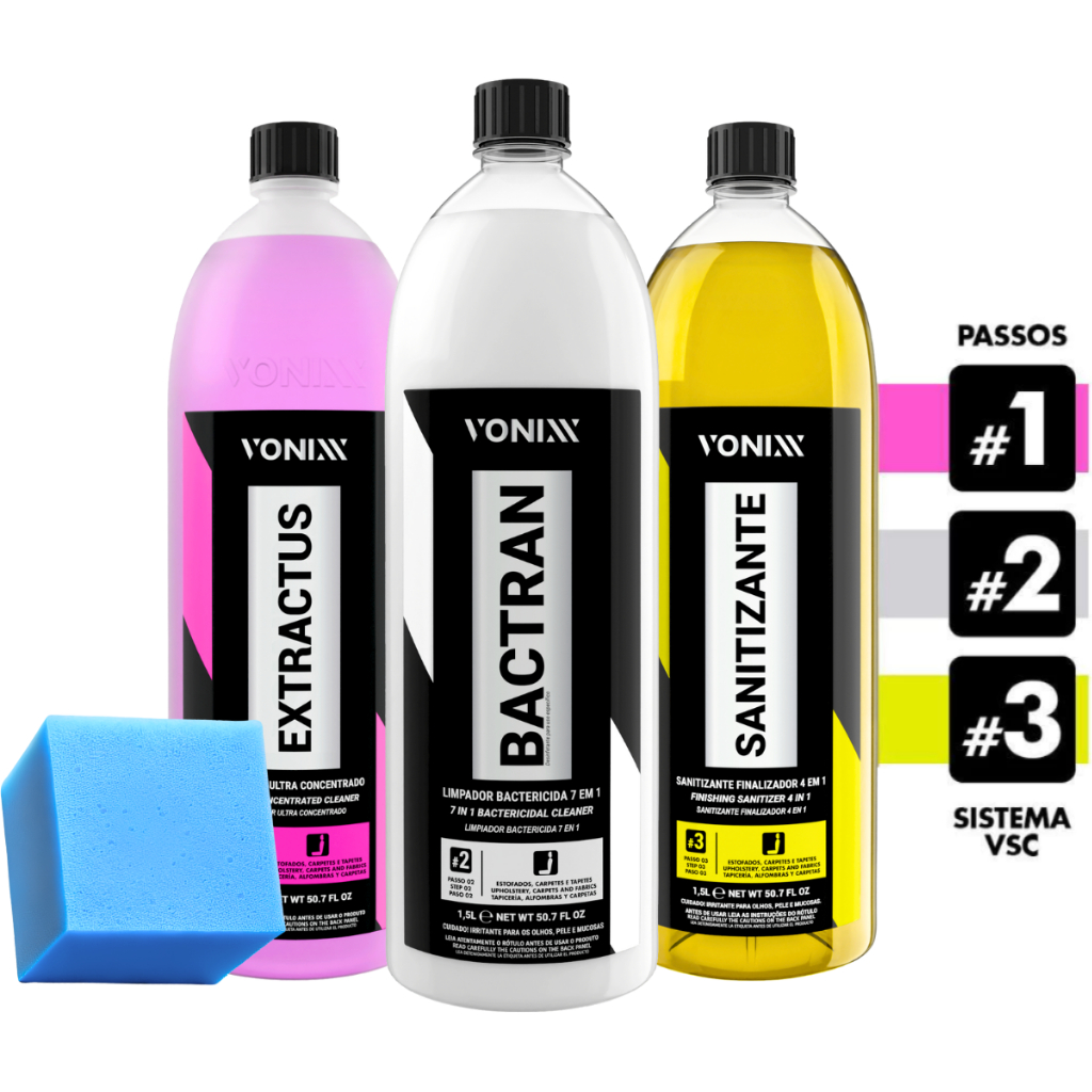 Kit VSC Vonixx Limpeza Veicular Automotivo de Estofados e Carpets 1,5L Extractus Bactran S...
