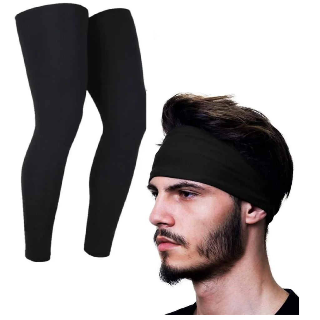 Kit Headband Faixa de Cabeça e Pernito Preto Dry Fit Esportes Mtb Decole