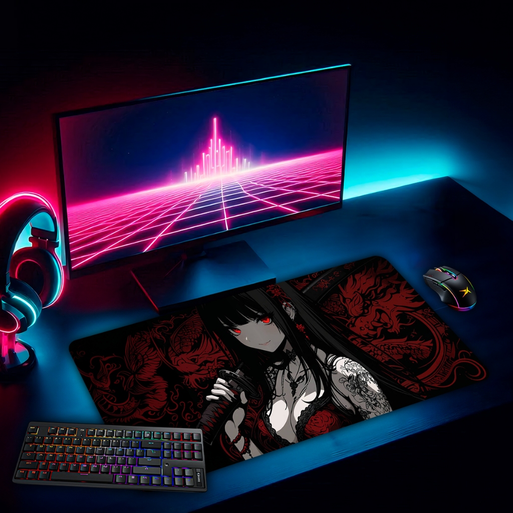 Mouse Pad Gamer Garotas Goticas Antiderrapante Grande 70x35 80x35 90x40 90x50 cm Borda Costurada