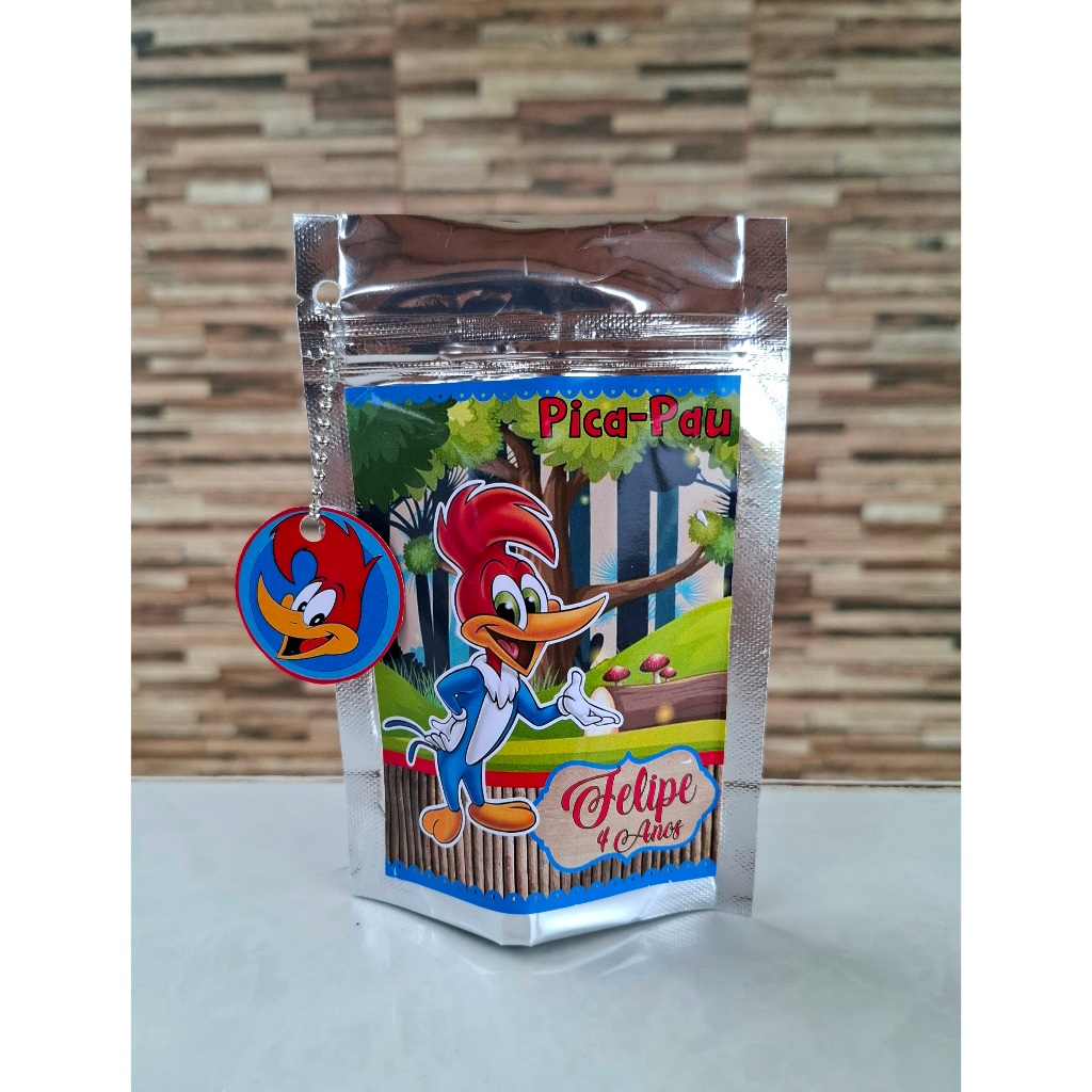 Saquinho Metalizado personalizado zip lock+tag personalizada Pica-Pau/lembrancinhas/festa infantil/aniversário/Brinde