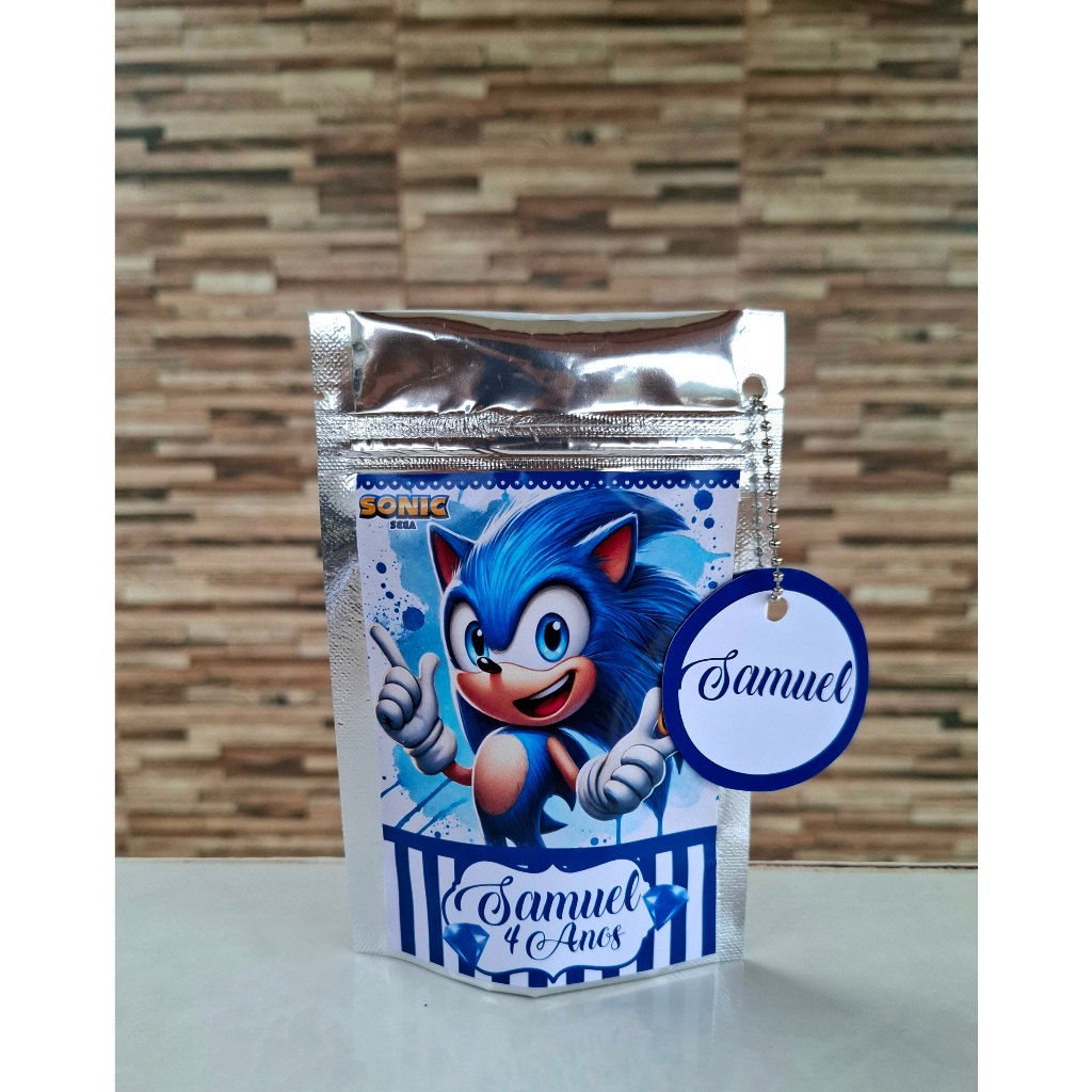 Saquinho Metalizado zip lock personalizada +tag personalizada Sonic 3/lembrancinhas/festa infantil/aniversário