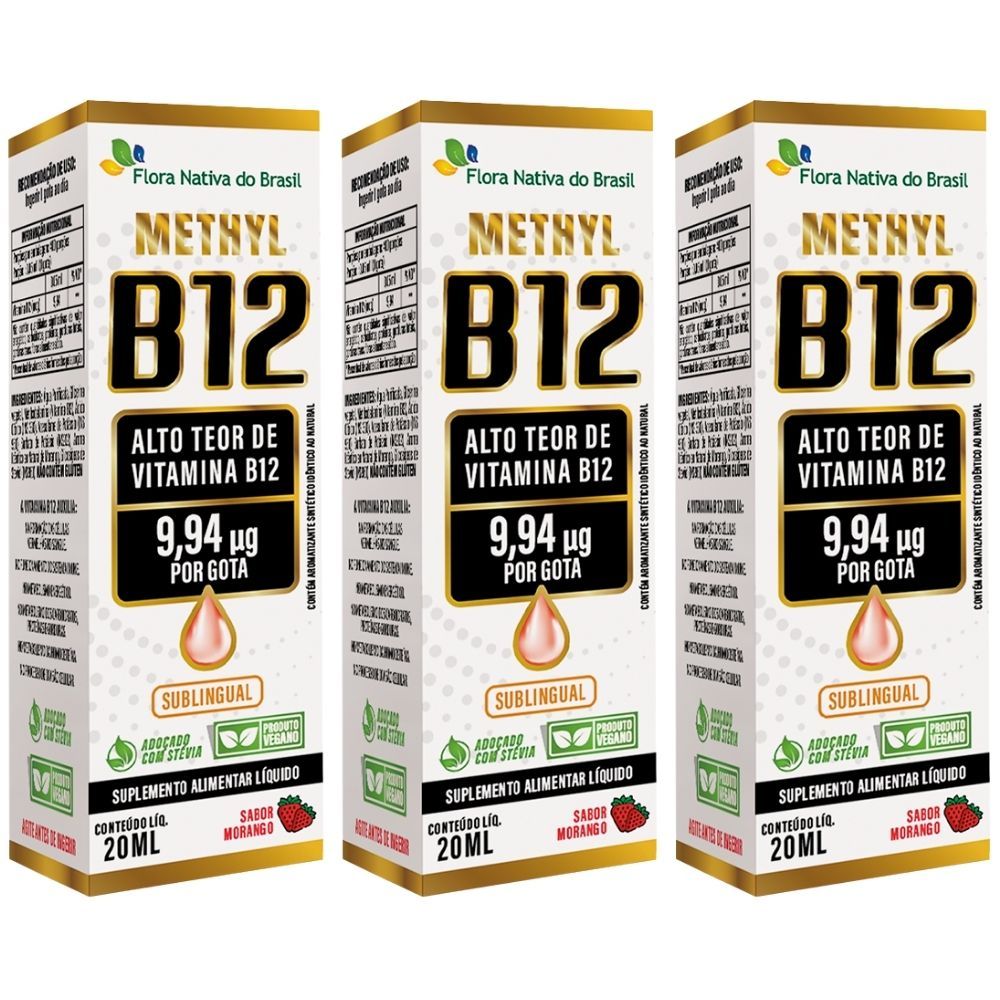 KIT 3X Vitamina B12 Sublingual (Metilcobalamina)  9,94 mcg por gota 20ml - Flora Nativa