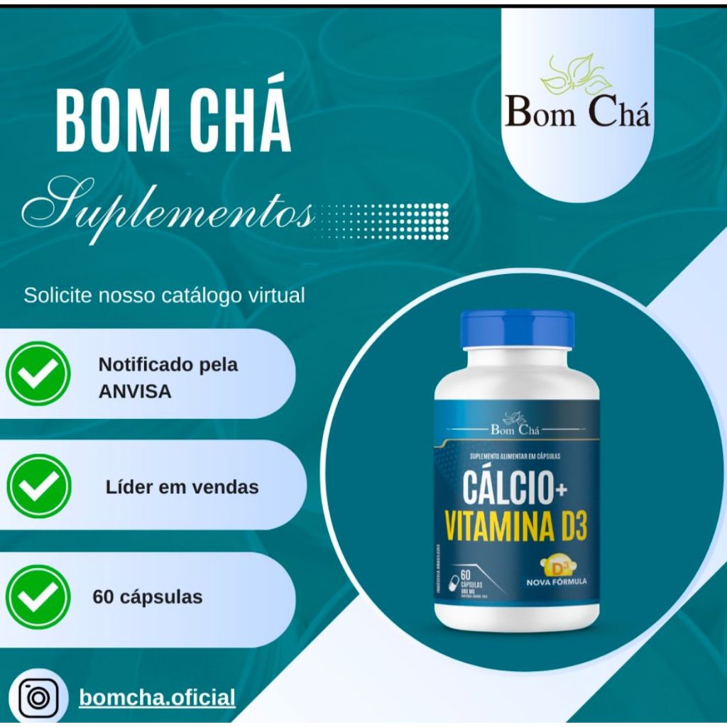 CÁLCIO + VITAMINA D3 - 60 CAPS (BOM CHÁ)