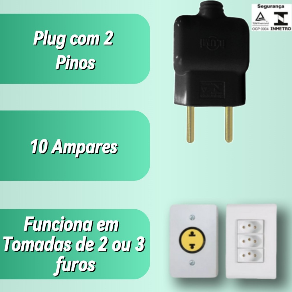 Cabo Cordão Prolongador Mini 25cm 10a/20a 2p/2p+t Extensão Elétrica Preto Reforçada Plug Reto
