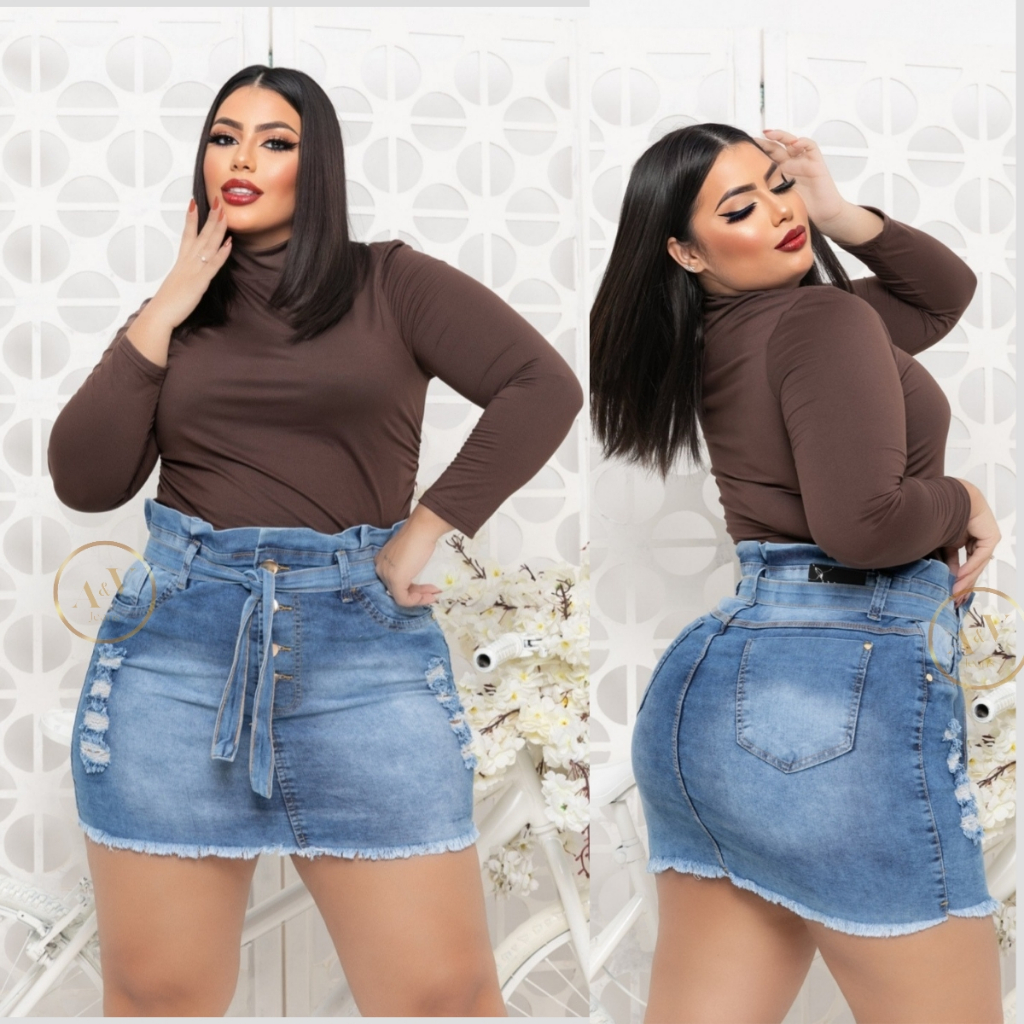 Roupas Femininas Saia Jeans Plus Size Com Lycra Com Laço 44 ao 54 em Oferta na Shopee