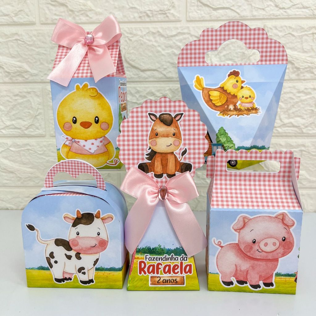 Kit de Caixas Personalizadas Fazendinha Menina –  Pegue e Monte Decoração de Festa Lembrancinhas Caixinhas para Festa