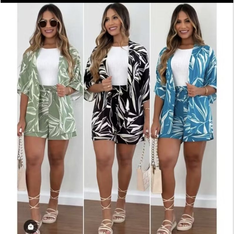 Conjunto kimono + shorts estampado tecido Duna cores do verão veste super bem